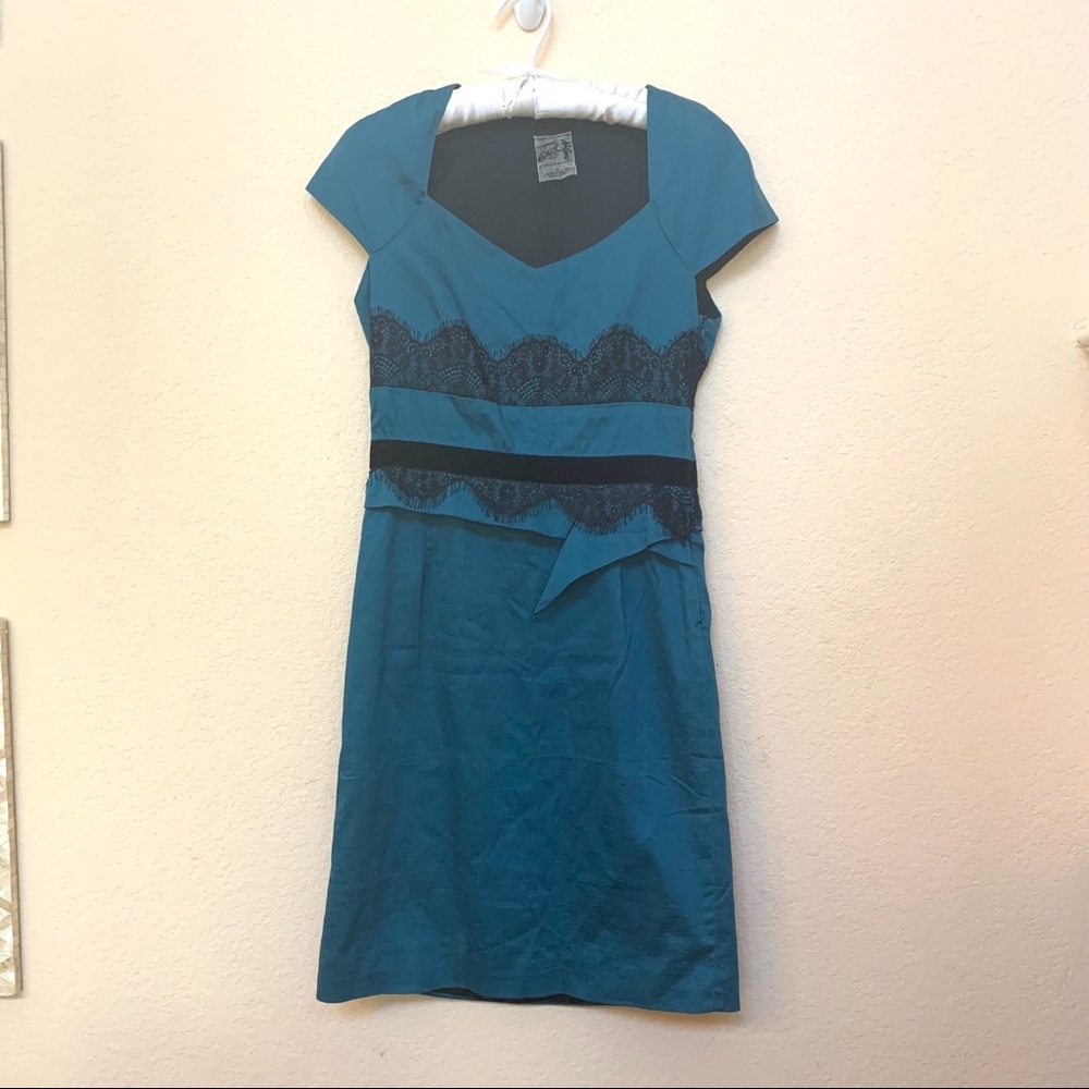 Coco & Tashi Teal Black Lace Fitted Dress